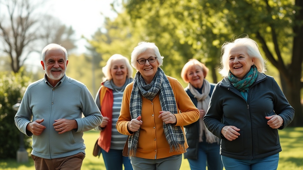 Actieve senioren doen samen aan nordic walking in het park