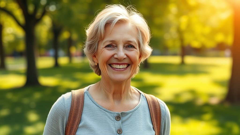 Vitale 50-plus vrouw lacht buiten in het park