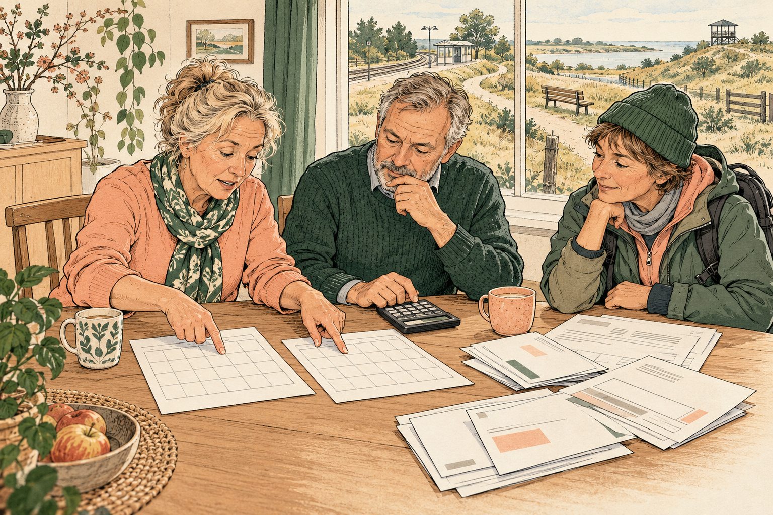 Illustratie van zestigers die stopdatum en AOW-datum op een kalender vergelijken.