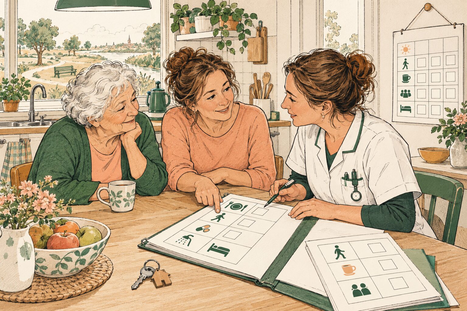 Oudere vrouw bekijkt met dochter en wijkverpleegkundige een zorgplan aan de keukentafel